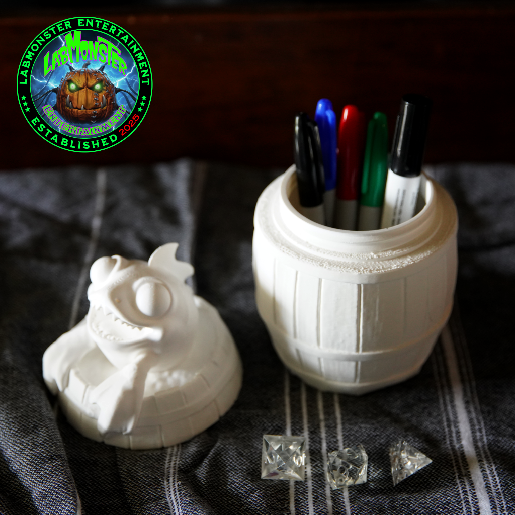 3D Printed Jolly Gold Shark Treasure Barrel Dice Vault – Paint-It-Yourself PLA Blank – Perfect for Dice, Candy, or Treasures!