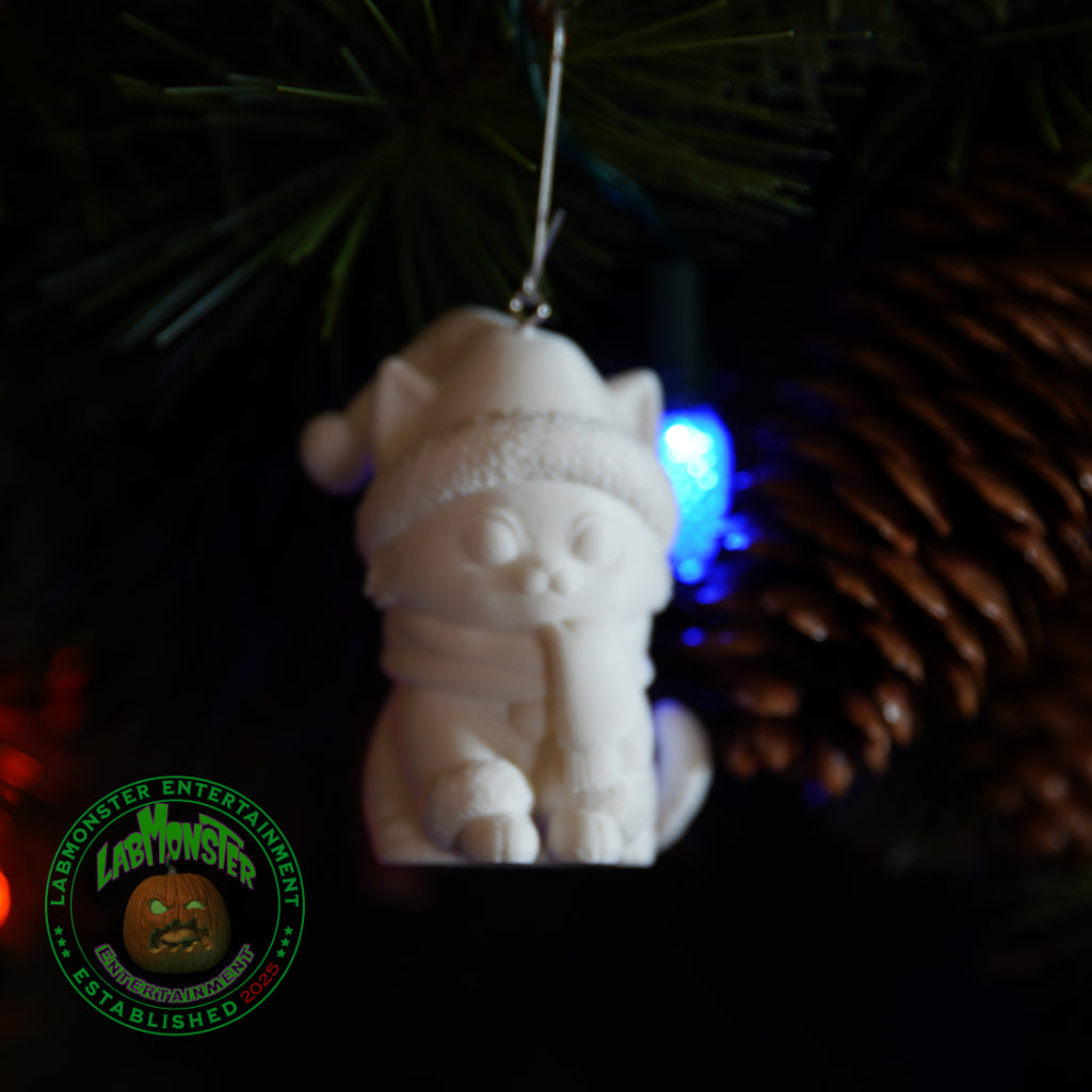 Paint Your Own 3D Printed Christmas Kitty Ornament - Chibi Cat DIY Kit - Kawaii Blank Cat with Scarf & Hat - Cat Lover Gift