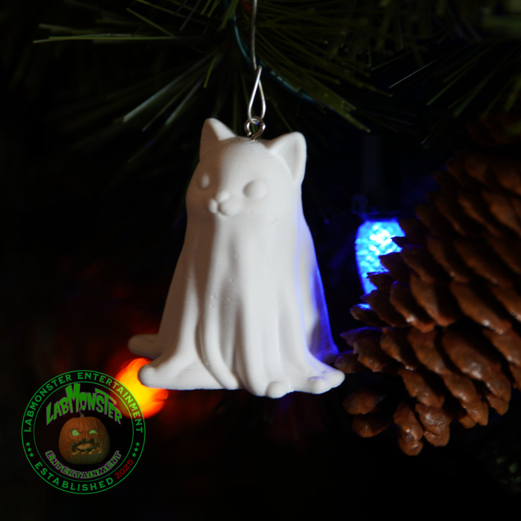 Paint-Your-Own Ghost Kitty Christmas Ornament - 3D Printed Cute Cat Ghost Blank DIY Kit - Spooky Sweet Halloween/Christmas Decor