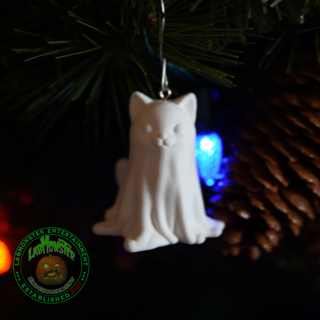 Paint-Your-Own Ghost Kitty Christmas Ornament - 3D Printed Cute Cat Ghost Blank DIY Kit - Spooky Sweet Halloween/Christmas Decor