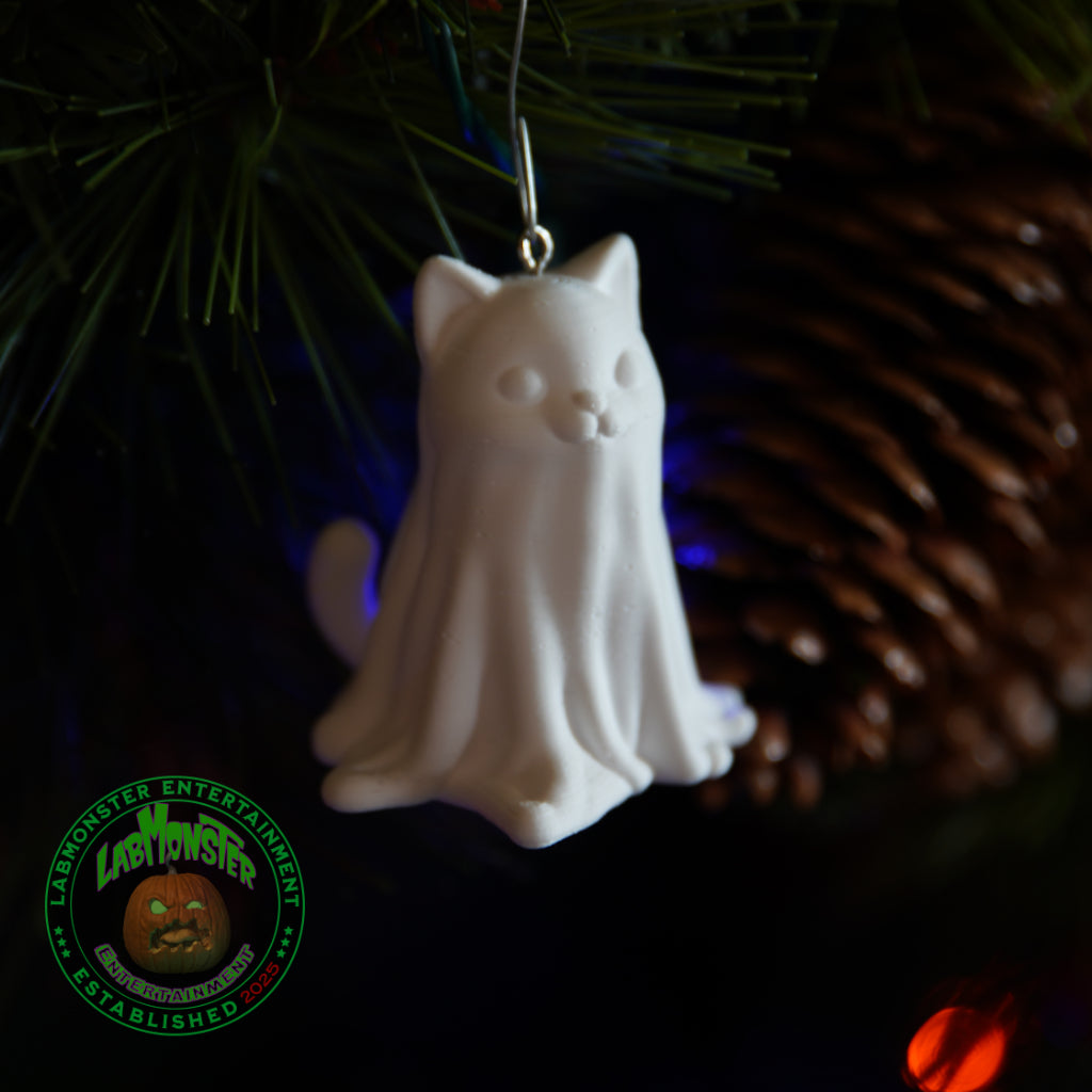 Paint-Your-Own Ghost Kitty Christmas Ornament - 3D Printed Cute Cat Ghost Blank DIY Kit - Spooky Sweet Halloween/Christmas Decor