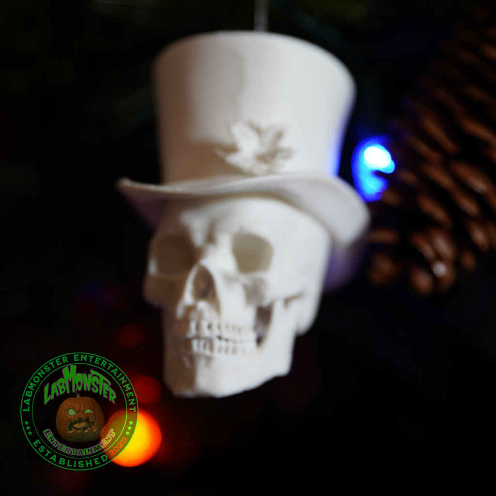 Paint-Your-Own Gothic Skull Christmas Ornament with Top Hat – Unpainted 3D Printed PLA Blank – DIY Creepmas Decoration