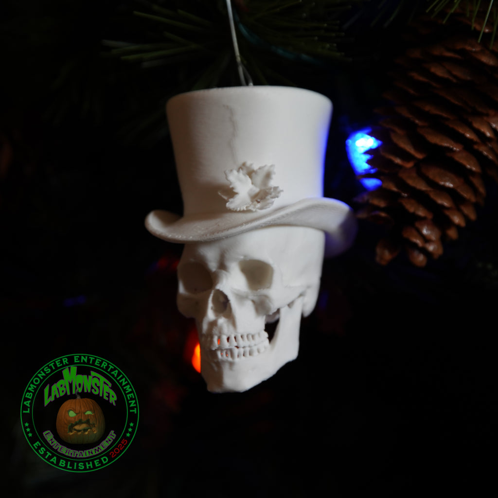 Paint-Your-Own Gothic Skull Christmas Ornament with Top Hat – Unpainted 3D Printed PLA Blank – DIY Creepmas Decoration