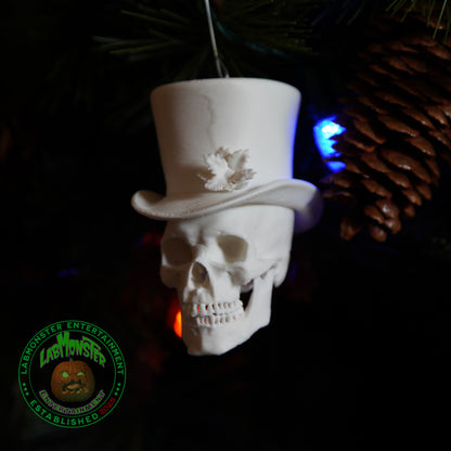 Paint-Your-Own Gothic Skull Christmas Ornament with Top Hat – Unpainted 3D Printed PLA Blank – DIY Creepmas Decoration