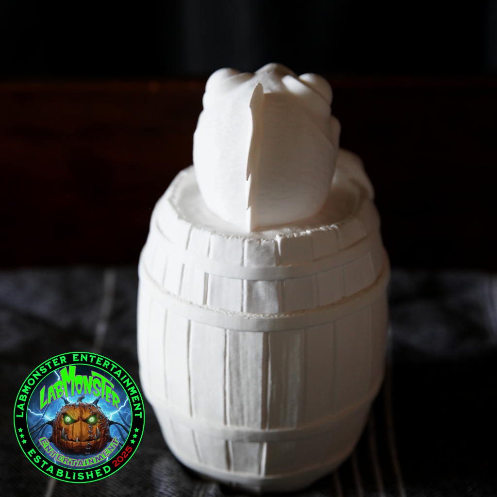 3D Printed Jolly Gold Shark Treasure Barrel Dice Vault – Paint-It-Yourself PLA Blank – Perfect for Dice, Candy, or Treasures!