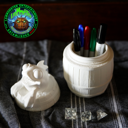 3D Printed Jolly Gold Shark Treasure Barrel Dice Vault – Paint-It-Yourself PLA Blank – Perfect for Dice, Candy, or Treasures!