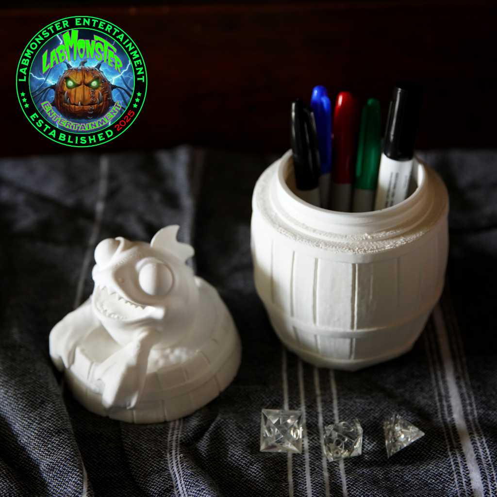 3D Printed Jolly Gold Shark Treasure Barrel Dice Vault – Paint-It-Yourself PLA Blank – Perfect for Dice, Candy, or Treasures!