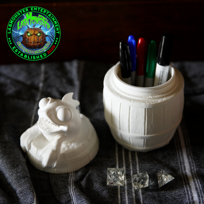 3D Printed Jolly Gold Shark Treasure Barrel Dice Vault – Paint-It-Yourself PLA Blank – Perfect for Dice, Candy, or Treasures!