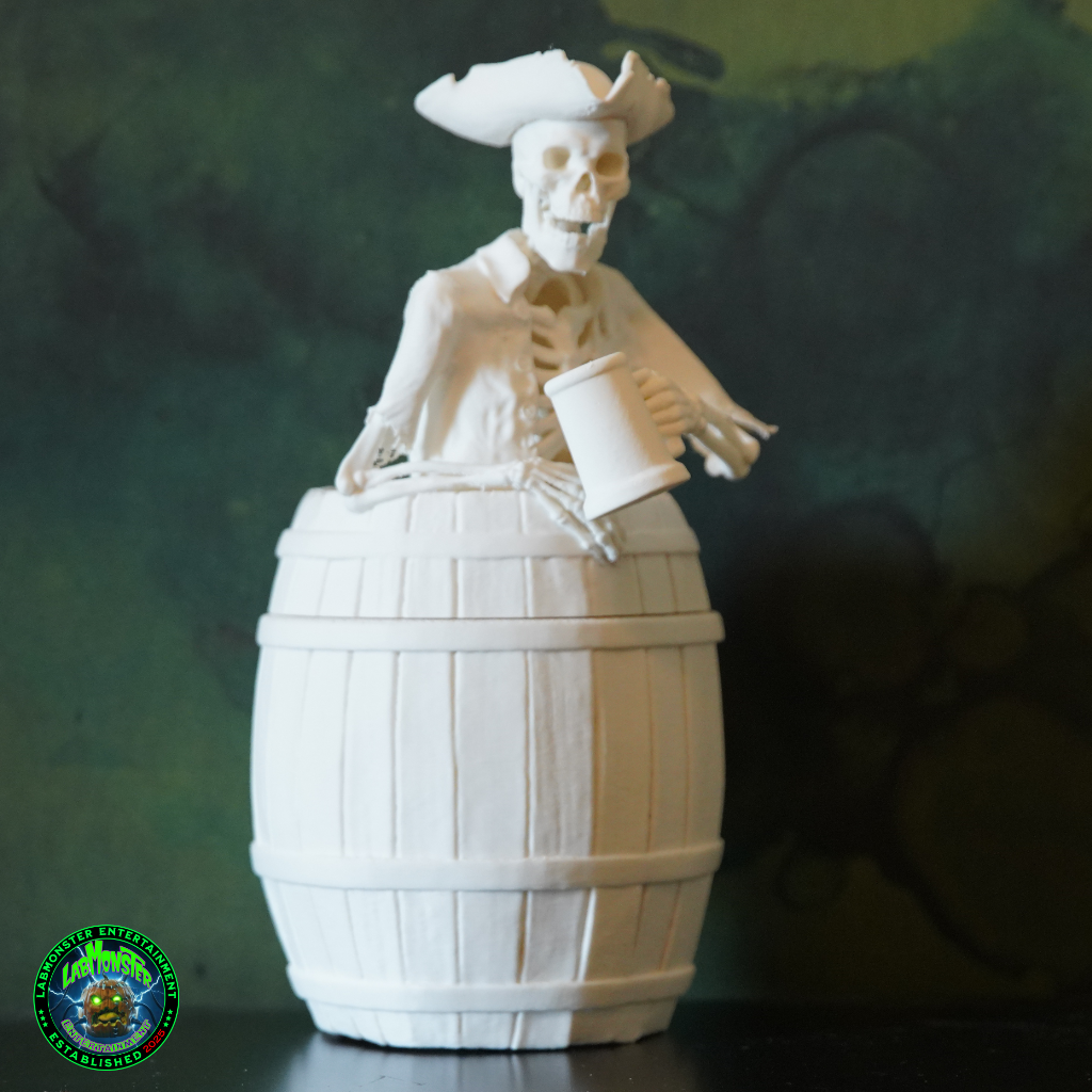 3D Printed Jolly Pirate Skeleton Treasure Barrel Dice Vault – Paint-It-Yourself PLA Blank – Perfect for Dice, Candy, or Treasures!