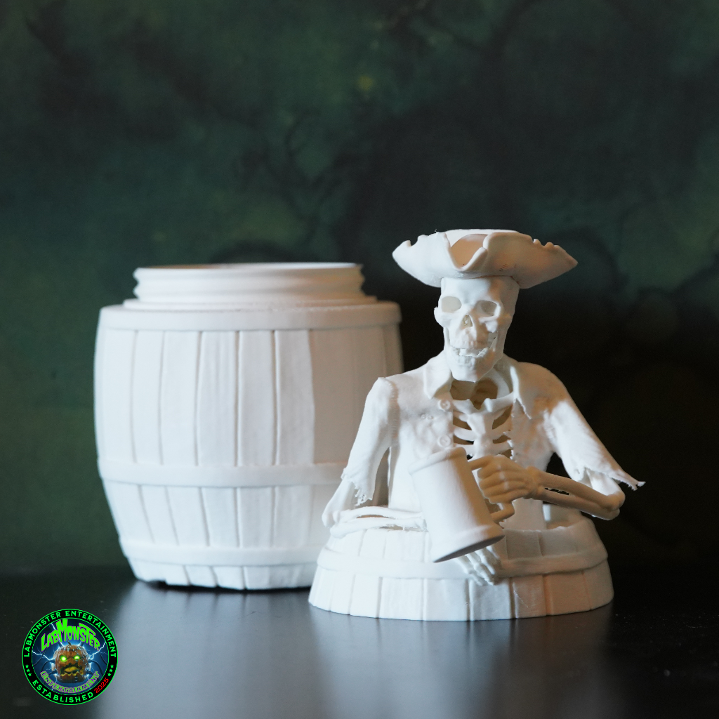 3D Printed Jolly Pirate Skeleton Treasure Barrel Dice Vault – Paint-It-Yourself PLA Blank – Perfect for Dice, Candy, or Treasures!