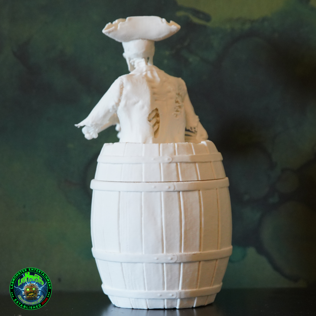 3D Printed Jolly Pirate Skeleton Treasure Barrel Dice Vault – Paint-It-Yourself PLA Blank – Perfect for Dice, Candy, or Treasures!