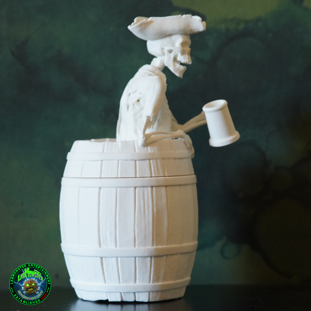 3D Printed Jolly Pirate Skeleton Treasure Barrel Dice Vault – Paint-It-Yourself PLA Blank – Perfect for Dice, Candy, or Treasures!