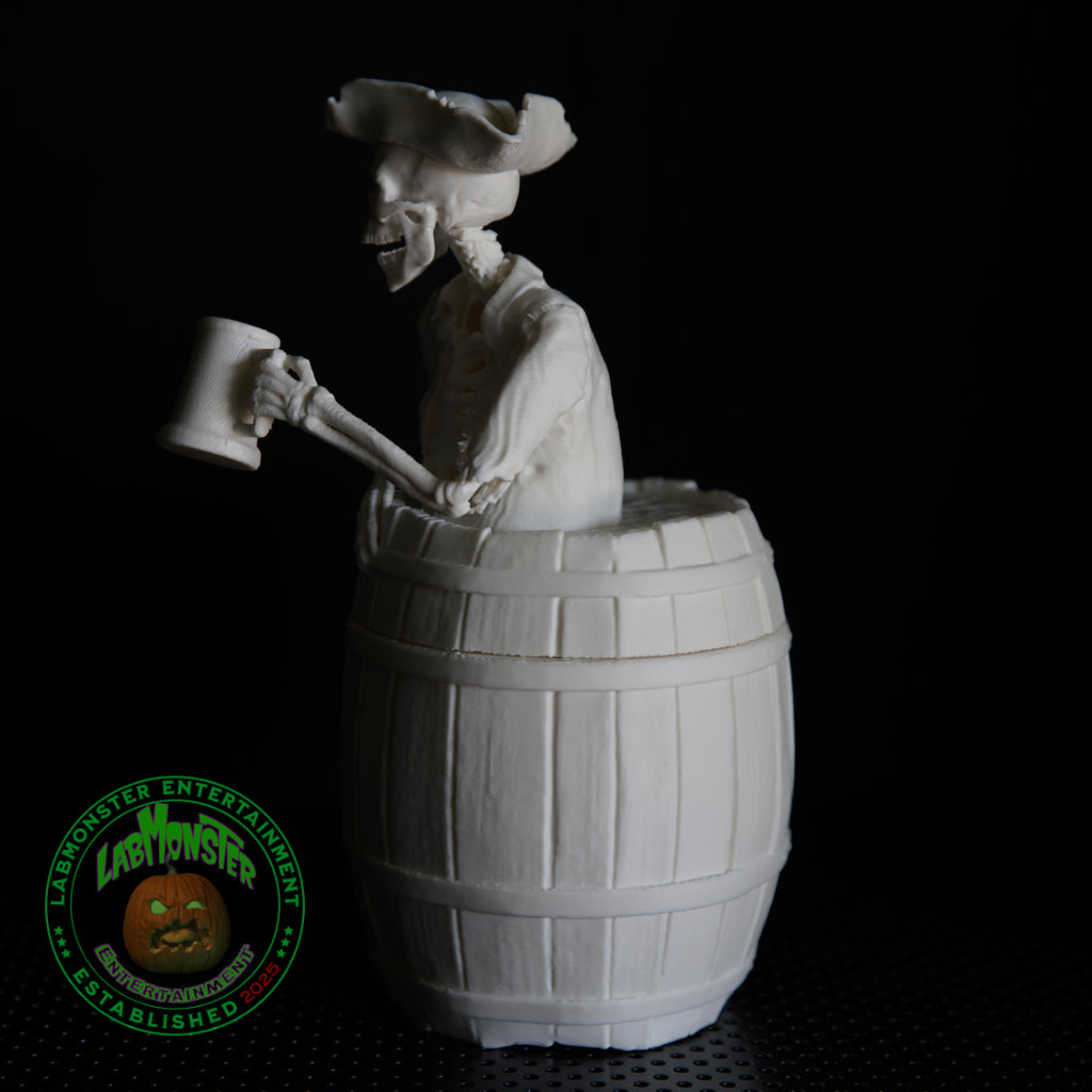 3D Printed Jolly Pirate Skeleton Treasure Barrel Dice Vault – Paint-It-Yourself PLA Blank – Perfect for Dice, Candy, or Treasures!