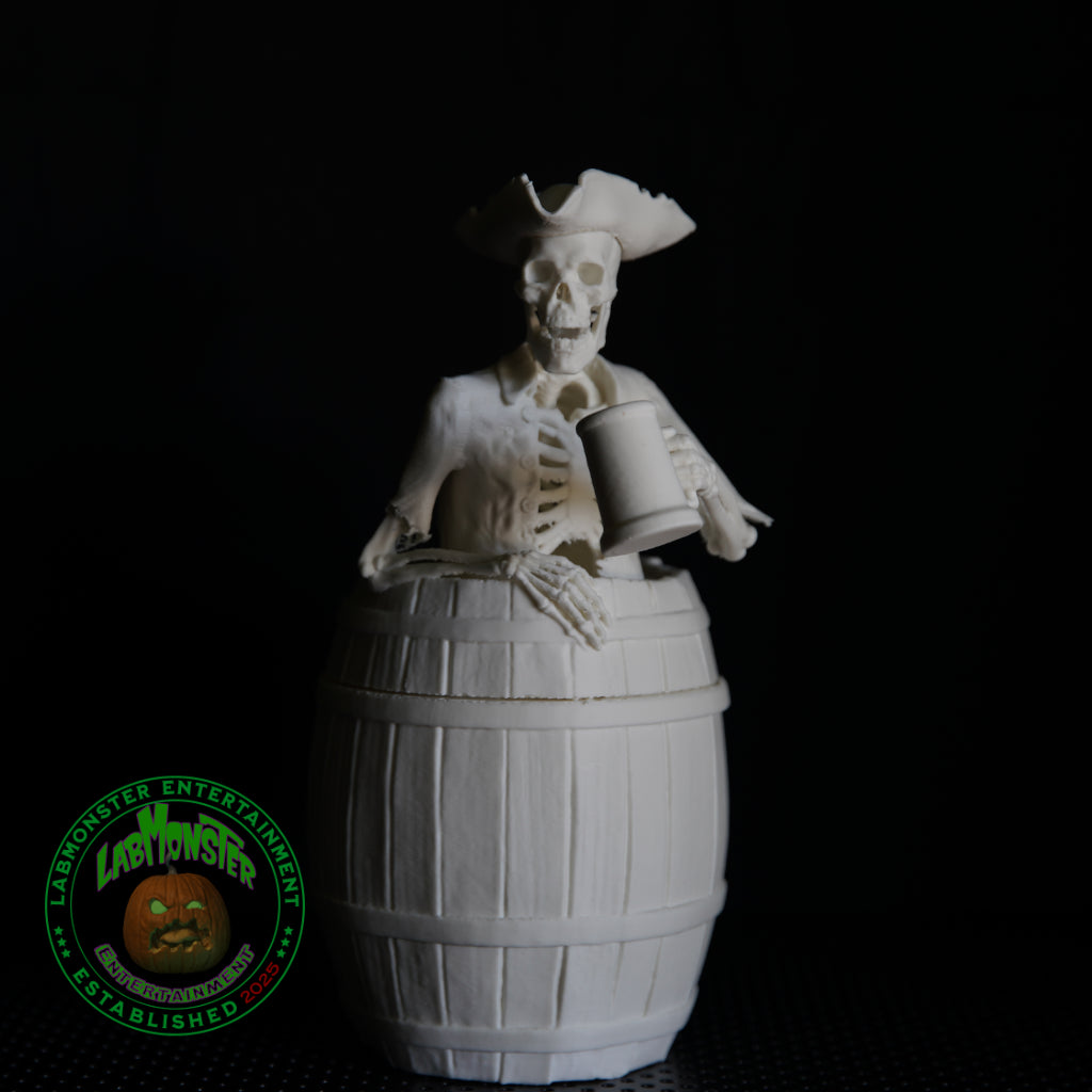 3D Printed Jolly Pirate Skeleton Treasure Barrel Dice Vault – Paint-It-Yourself PLA Blank – Perfect for Dice, Candy, or Treasures!